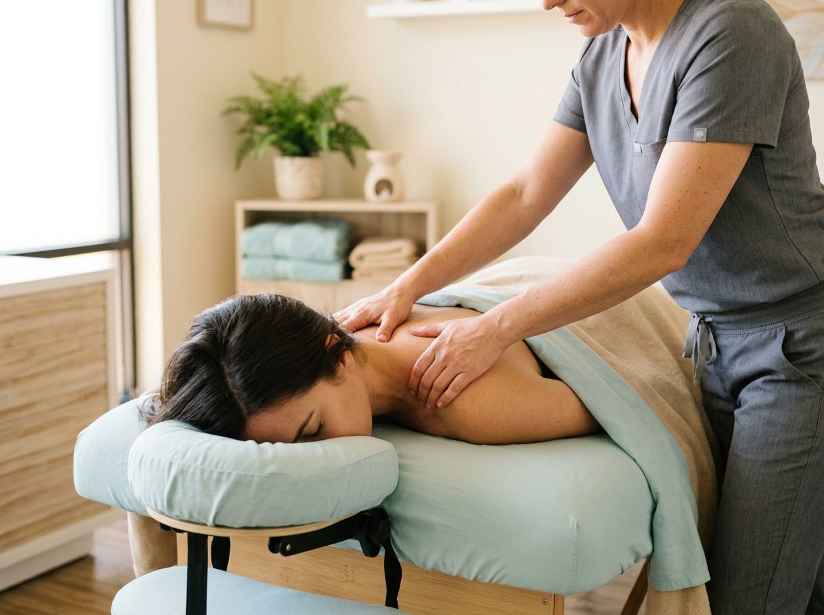 Therapist easing neck and shoulder tension at Just Breathe Massage Therapy