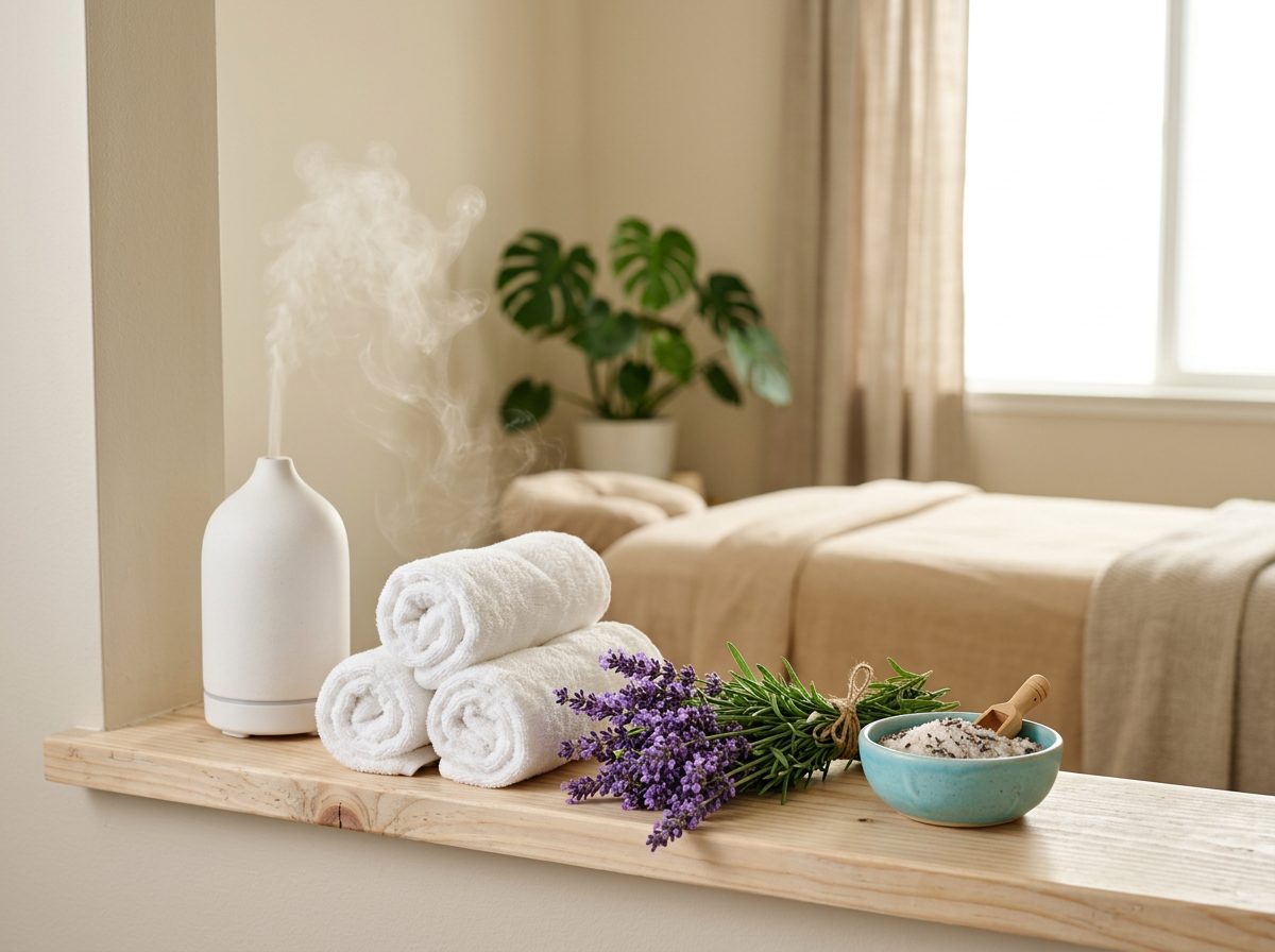 Aromatherapy diffuser, towels and bath salts at Just Breathe Massage Therapy